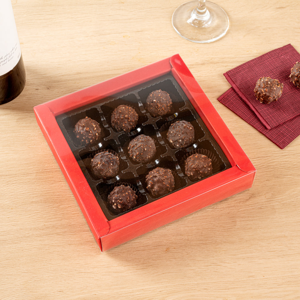 Sweet Vision Square Red Paper Candy / Chocolate Boxes - 9 Compartments - 7 1/4" x 7 1/4" x 1 1/2" - 10 count box