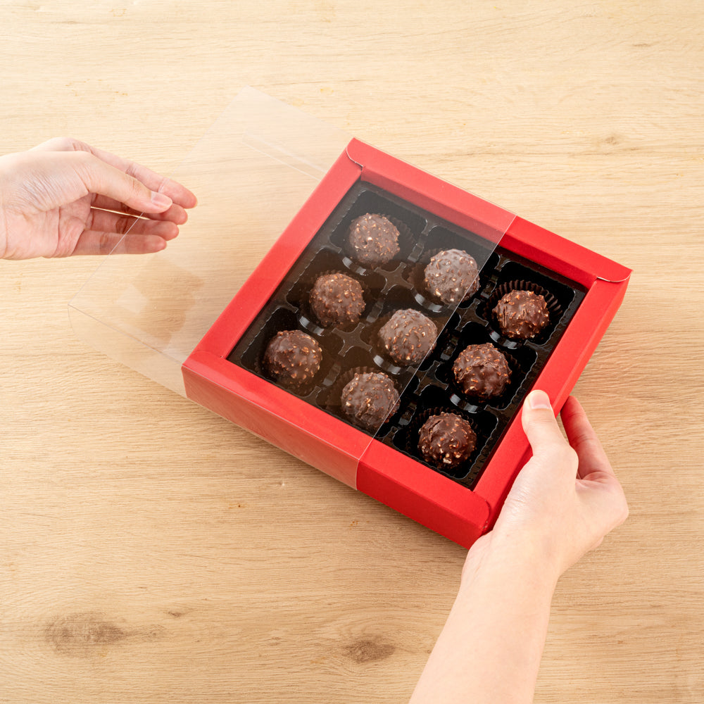 Sweet Vision Square Red Paper Candy / Chocolate Boxes - 9 Compartments - 7 1/4" x 7 1/4" x 1 1/2" - 10 count box