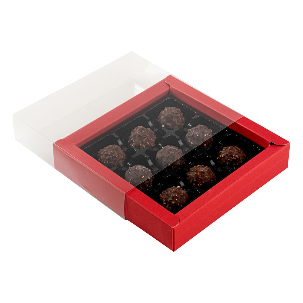 Sweet Vision Square Red Paper Candy / Chocolate Boxes - 9 Compartments - 7 1/4" x 7 1/4" x 1 1/2" - 100 count box