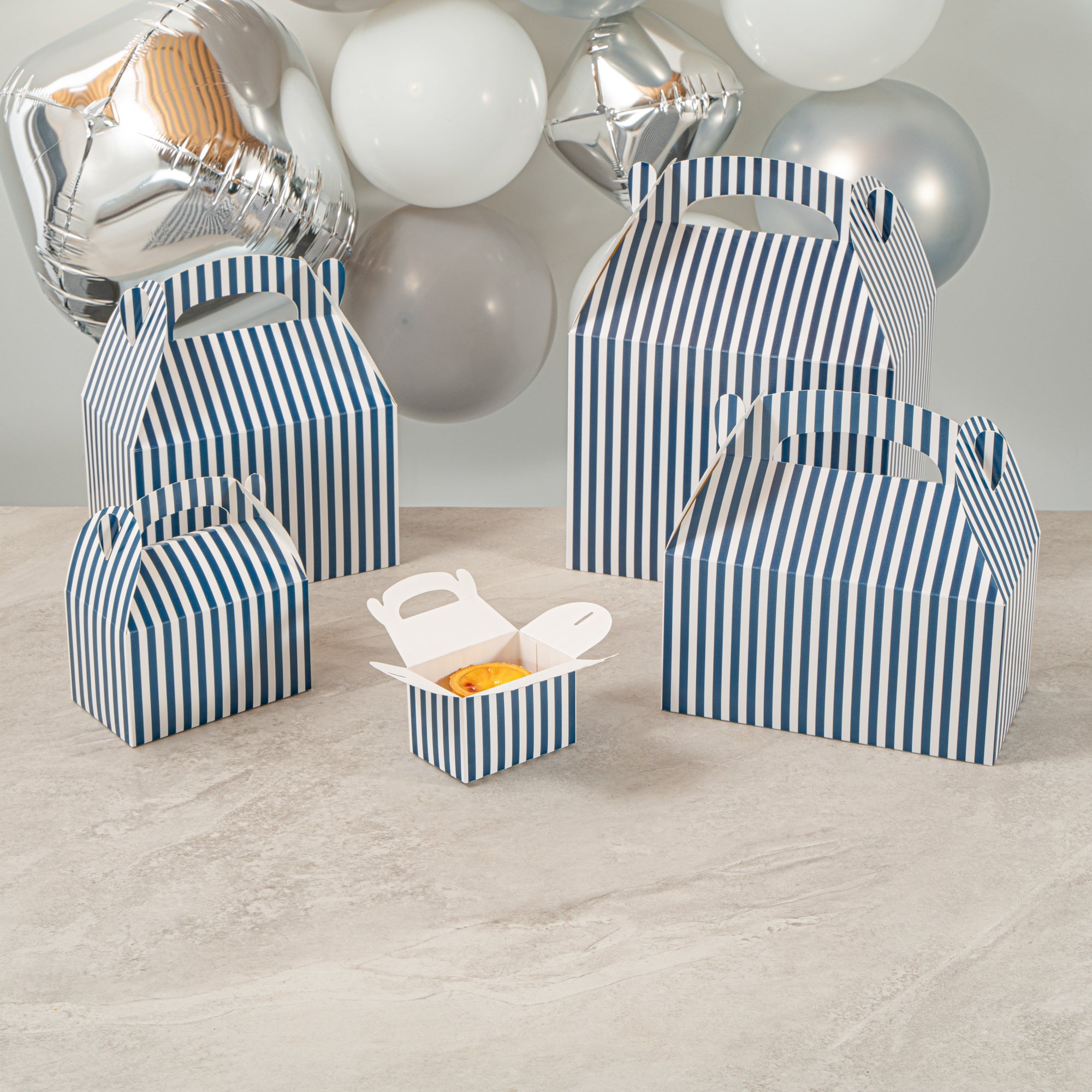 Bio Tek Blue & White Stripe Paper Gable Box / Take Out Container - Compostable - 4" x 2 1/2" x 2 1/2" - 100 count box
