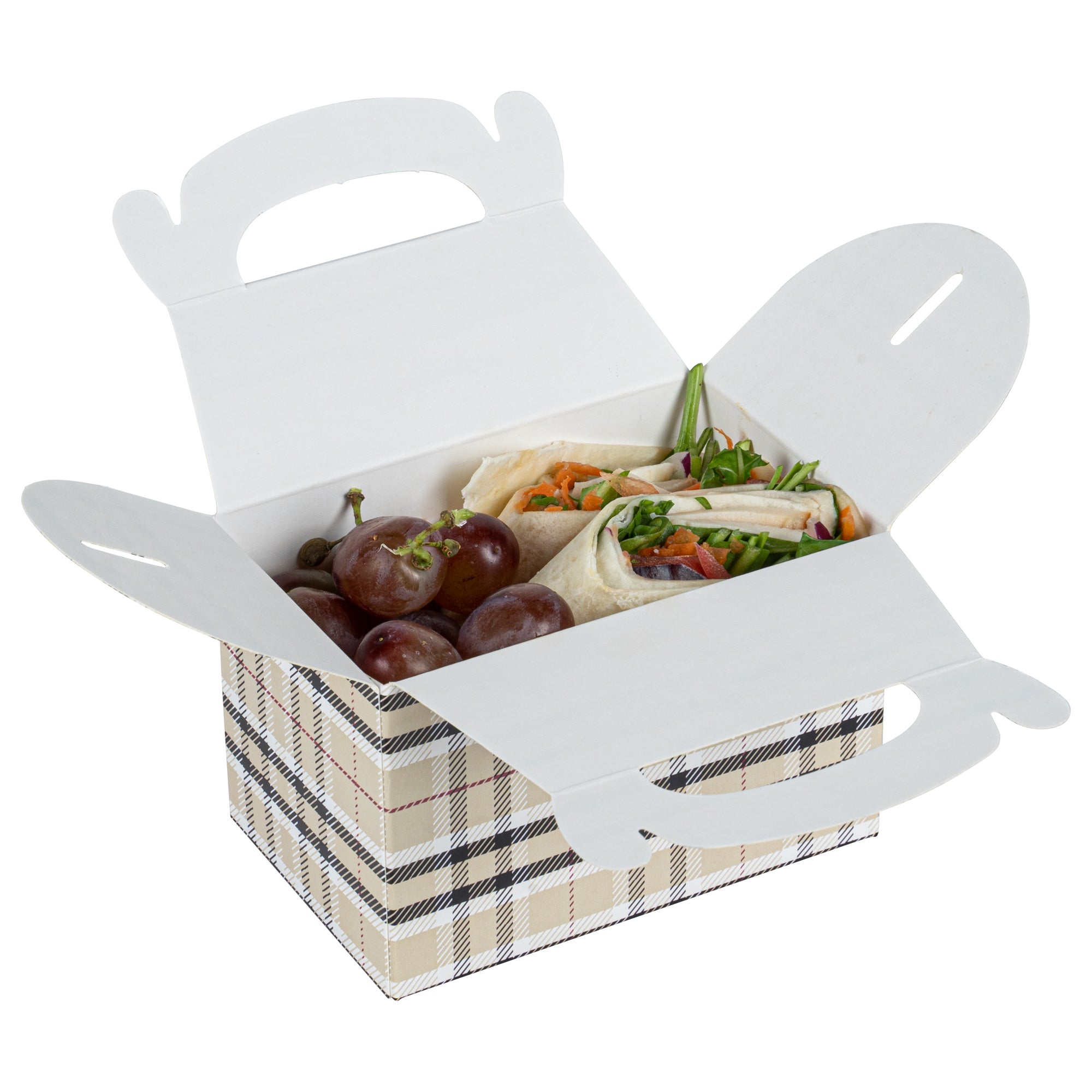 Bio Tek Plaid Paper Gable Box / Take Out Container - Compostable - 4" x 2 1/2" x 2 1/2" - 25 count box