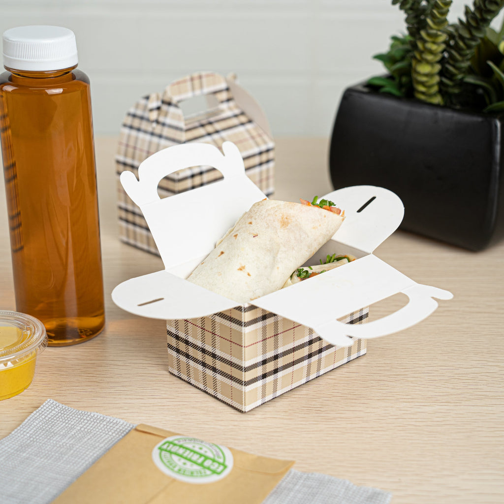 Bio Tek Plaid Paper Gable Box / Take Out Container - Compostable - 4" x 2 1/2" x 2 1/2" - 25 count box