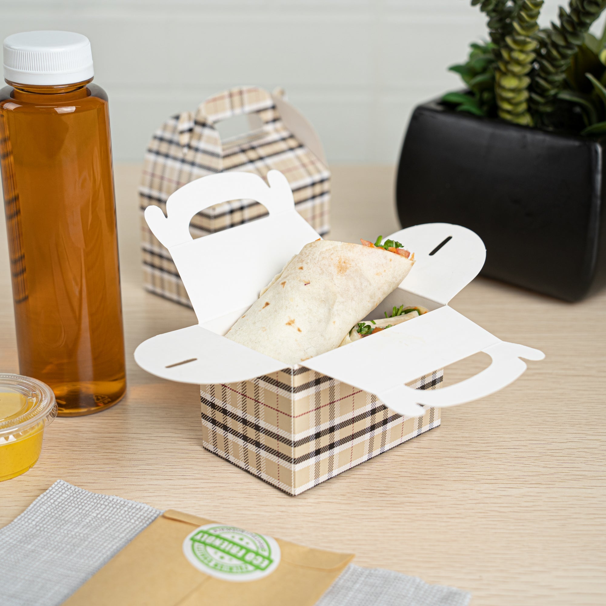 Bio Tek Plaid Paper Gable Box / Take Out Container - Compostable - 4" x 2 1/2" x 2 1/2" - 25 count box