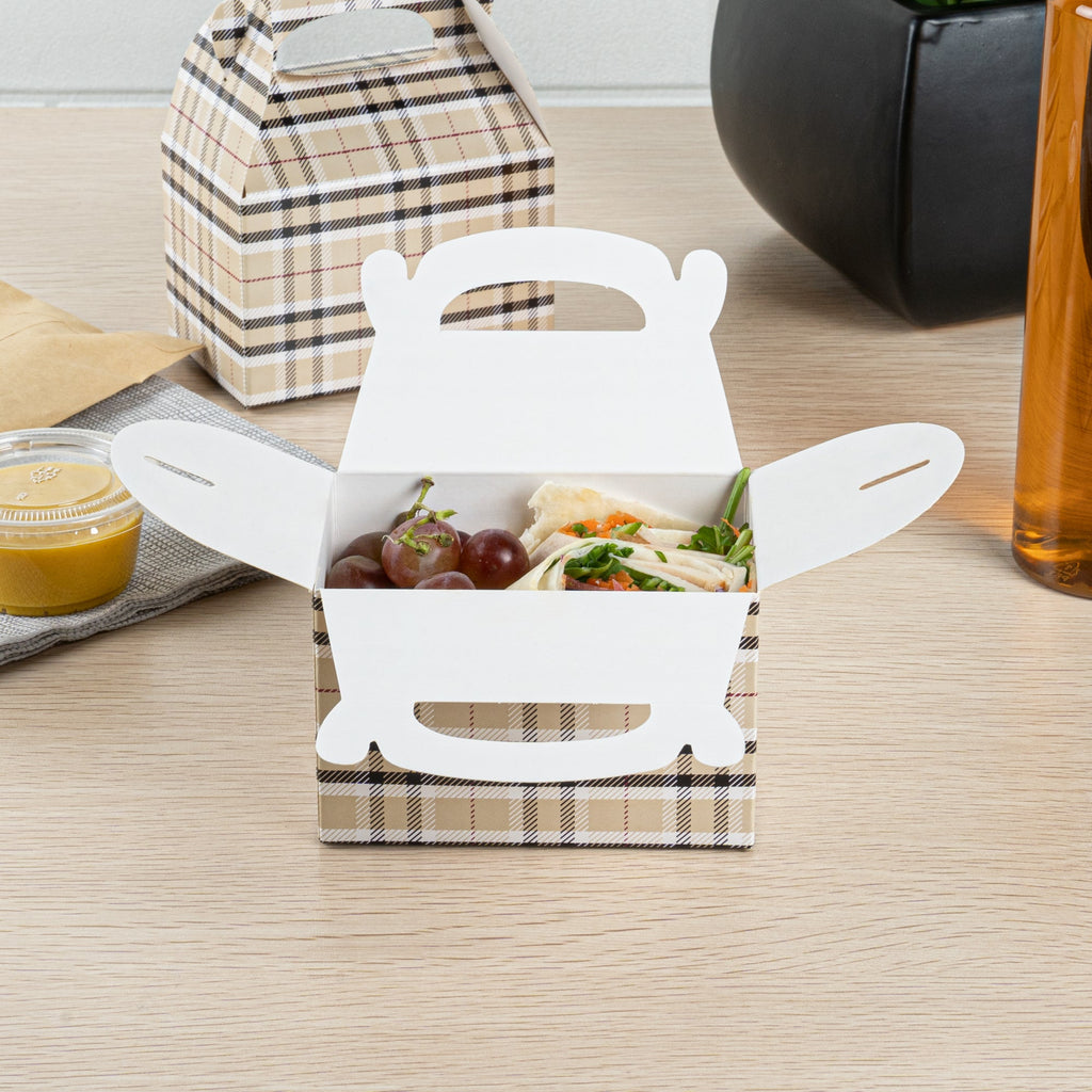 Bio Tek Plaid Paper Gable Box / Take Out Container - Compostable - 4" x 2 1/2" x 2 1/2" - 25 count box
