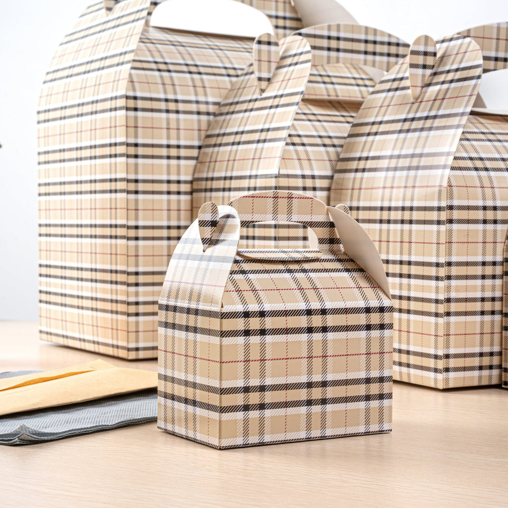 Bio Tek Plaid Paper Gable Box / Take Out Container - Compostable - 4" x 2 1/2" x 2 1/2" - 100 count box