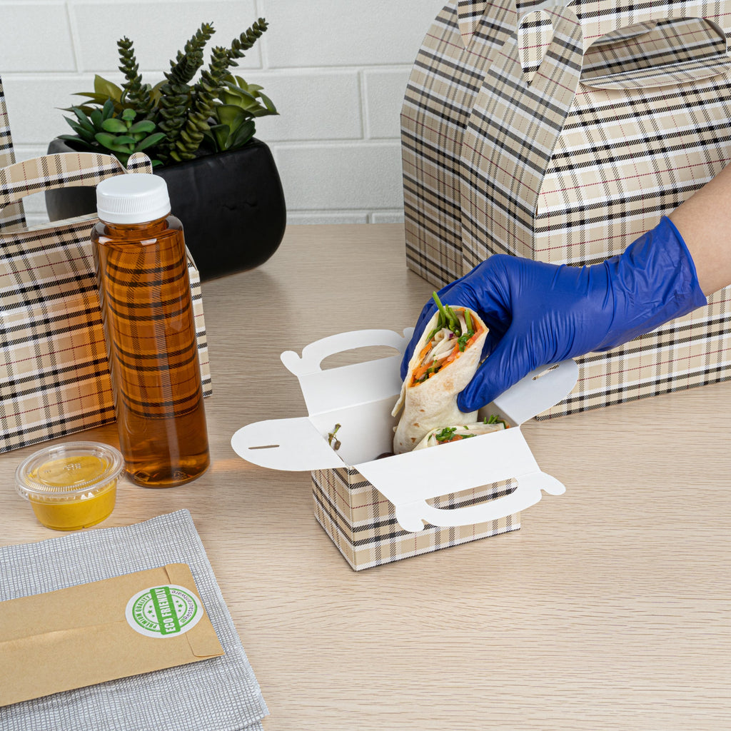 Bio Tek Plaid Paper Gable Box / Take Out Container - Compostable - 4" x 2 1/2" x 2 1/2" - 100 count box