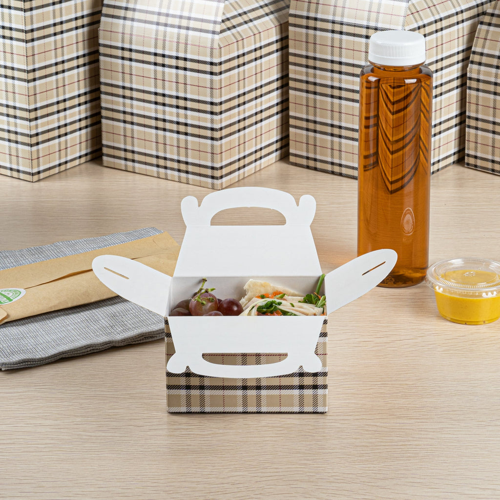 Bio Tek Plaid Paper Gable Box / Take Out Container - Compostable - 4" x 2 1/2" x 2 1/2" - 100 count box
