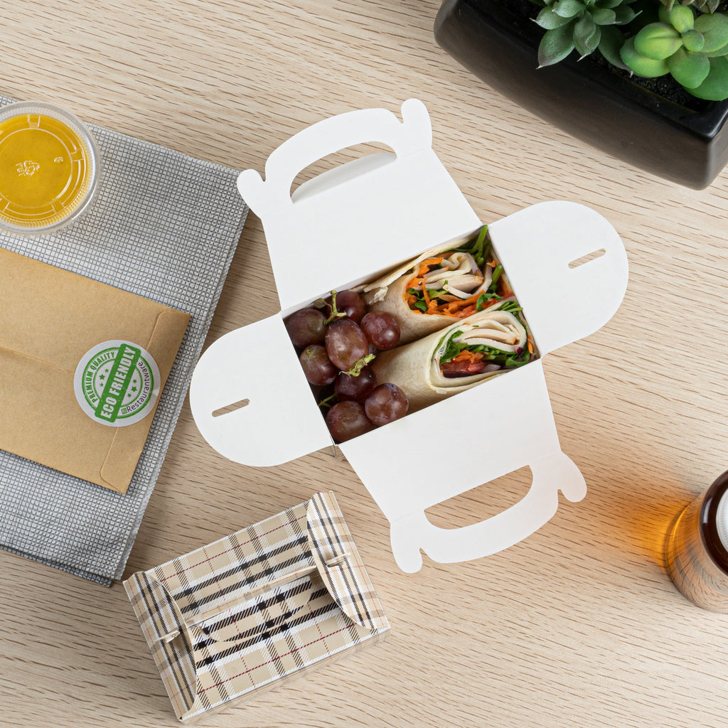Bio Tek Plaid Paper Gable Box / Take Out Container - Compostable - 4" x 2 1/2" x 2 1/2" - 100 count box