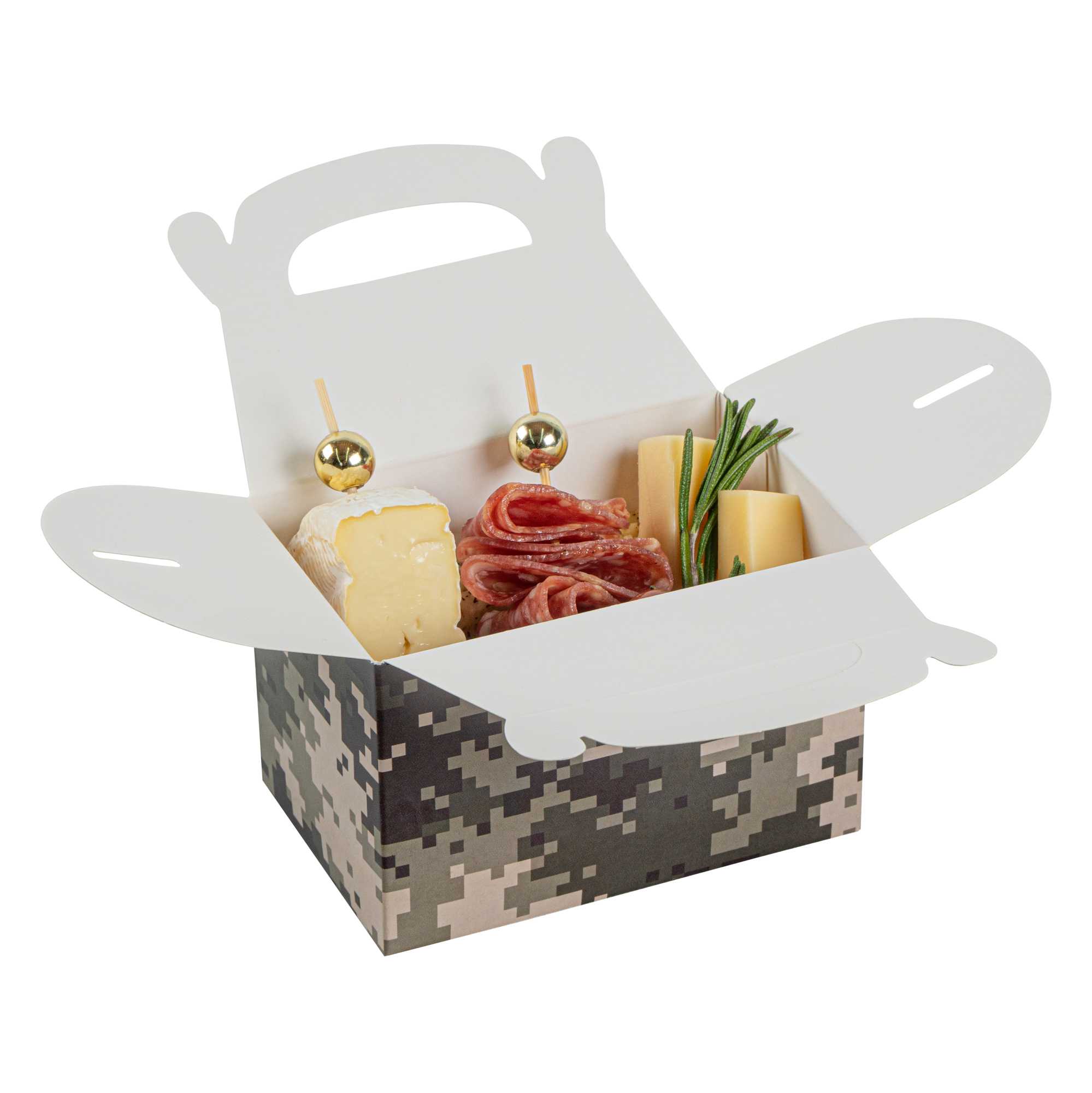 Bio Tek Camouflage Paper Gable Box / Take Out Container - Compostable - 4" x 2 1/2" x 2 1/2" - 25 count box