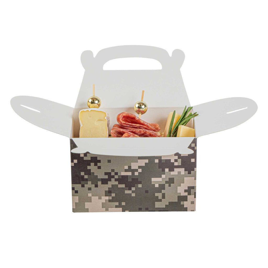 Bio Tek Camouflage Paper Gable Box / Take Out Container - Compostable - 4" x 2 1/2" x 2 1/2" - 25 count box