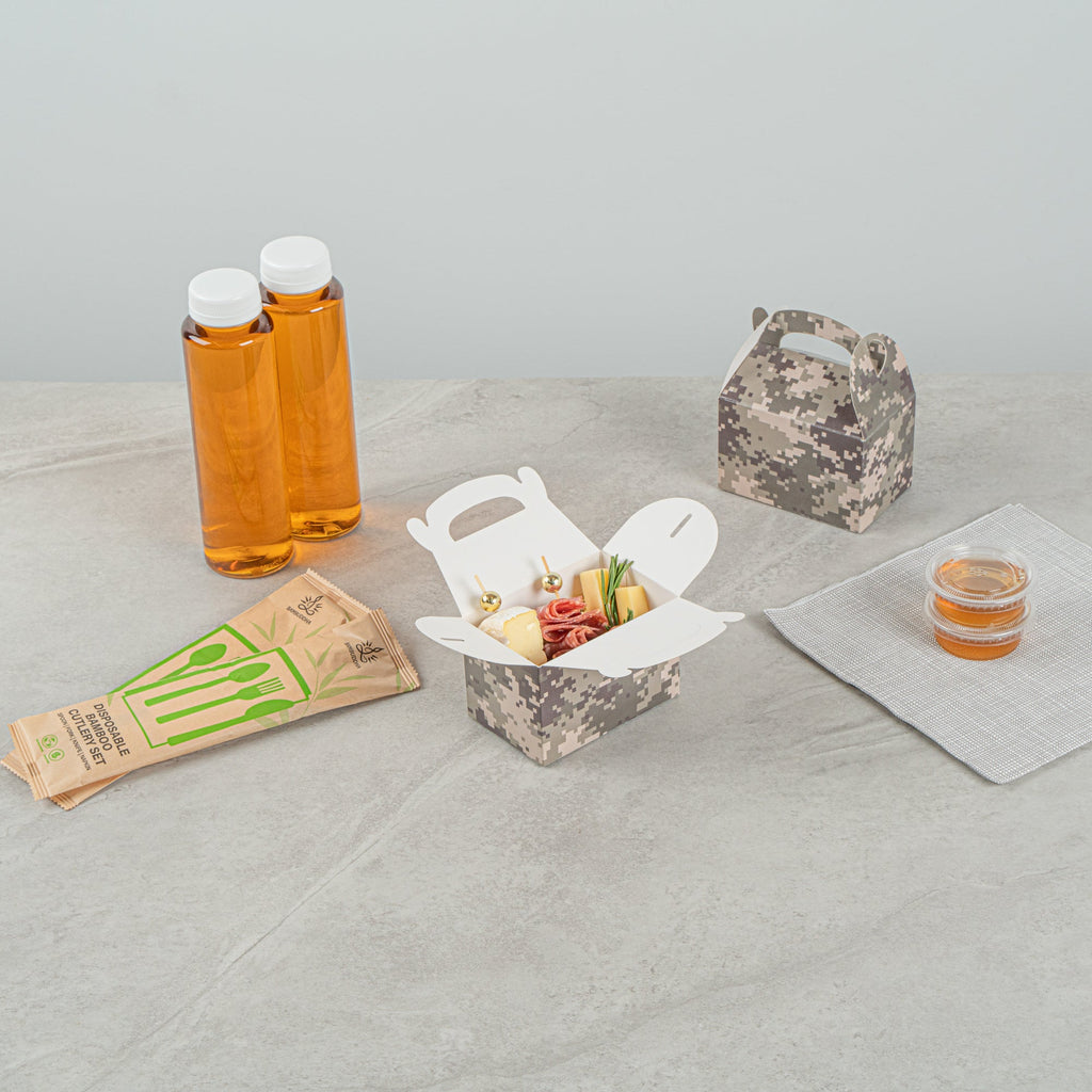 Bio Tek Camouflage Paper Gable Box / Take Out Container - Compostable - 4" x 2 1/2" x 2 1/2" - 100 count box
