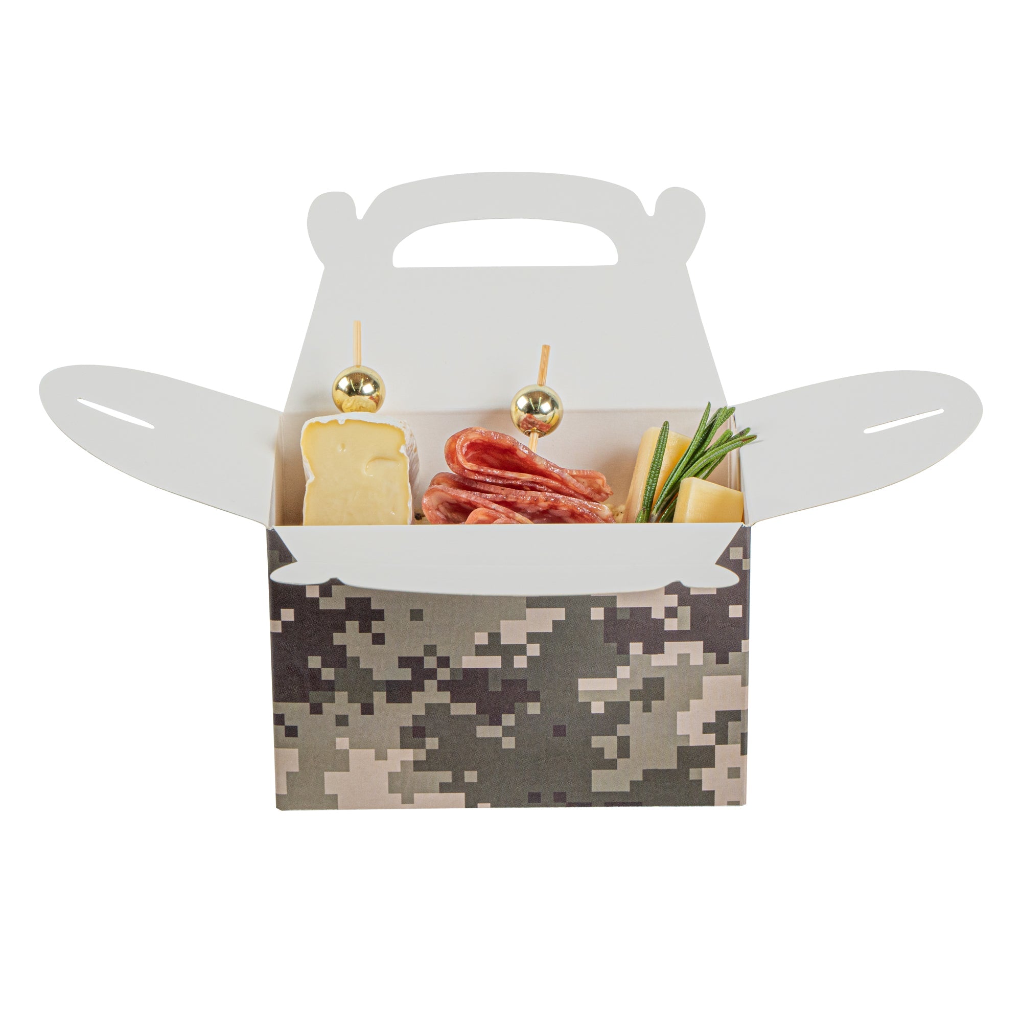 Bio Tek Camouflage Paper Gable Box / Take Out Container - Compostable - 4" x 2 1/2" x 2 1/2" - 100 count box