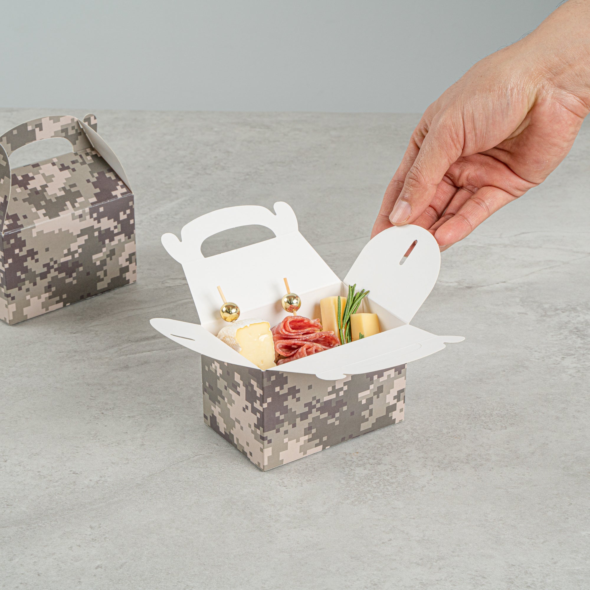 Bio Tek Camouflage Paper Gable Box / Take Out Container - Compostable - 4" x 2 1/2" x 2 1/2" - 100 count box