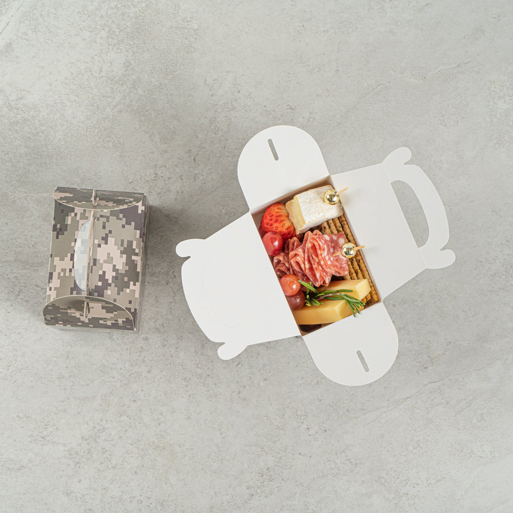 Bio Tek Camouflage Paper Gable Box / Take Out Container - Compostable - 4" x 2 1/2" x 2 1/2" - 100 count box