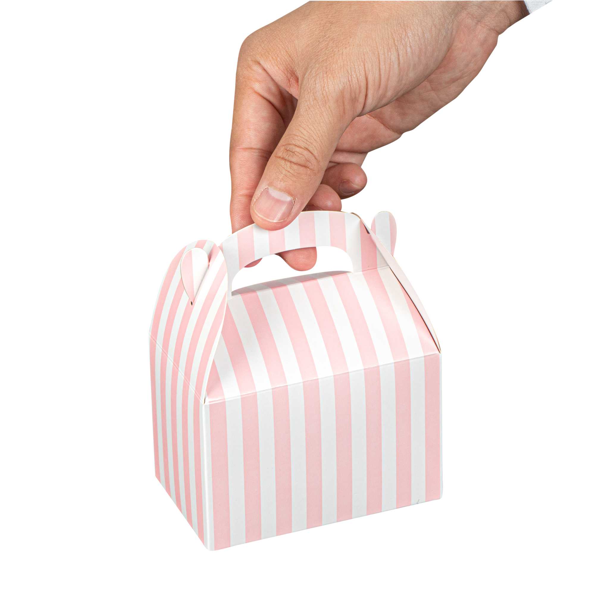 Bio Tek Pink & White Stripe Paper Gable Box / Take Out Container - Compostable - 4" x 2 1/2" x 2 1/2" - 25 count box