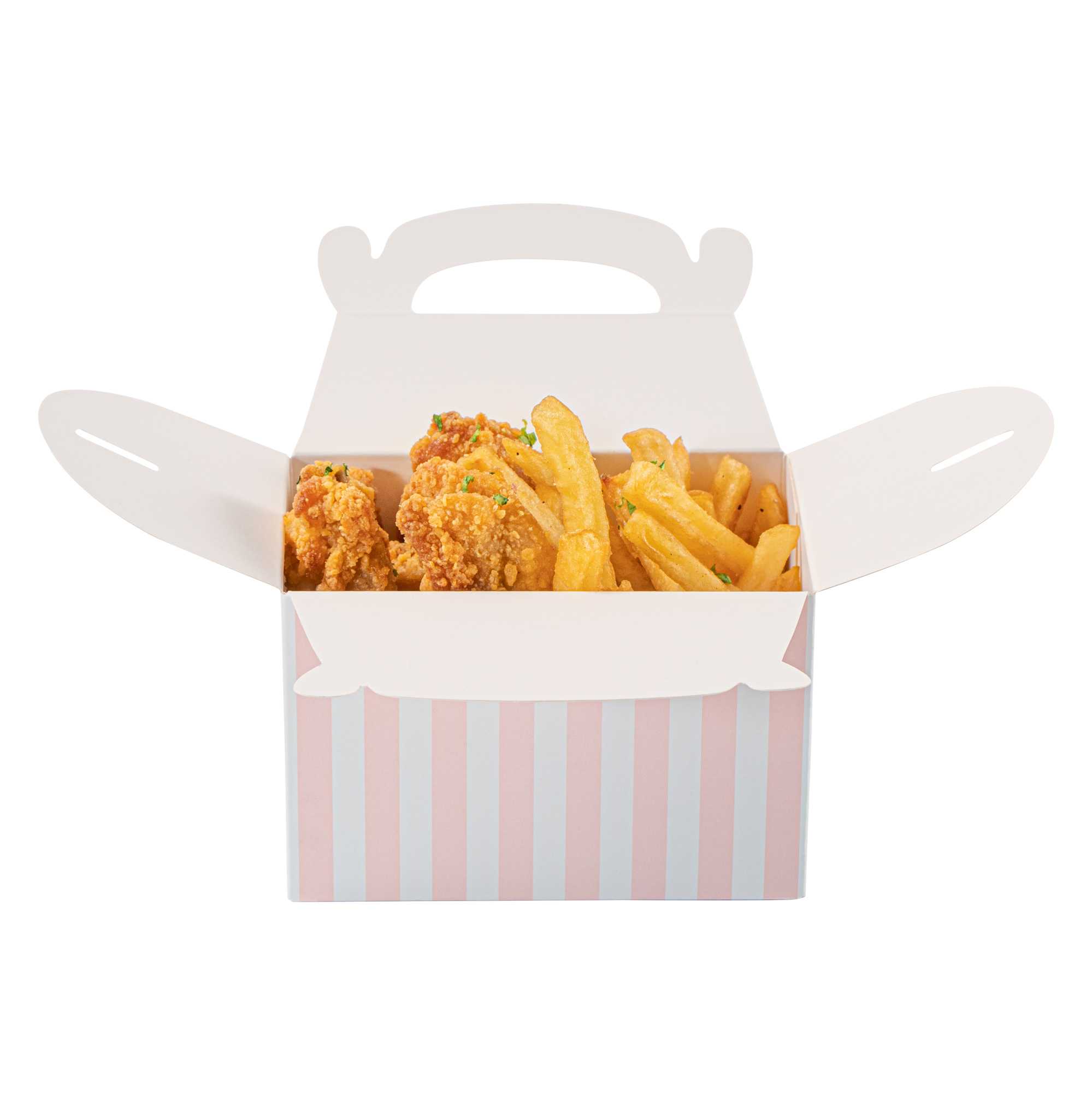 Bio Tek Pink & White Stripe Paper Gable Box / Take Out Container - Compostable - 4" x 2 1/2" x 2 1/2" - 25 count box