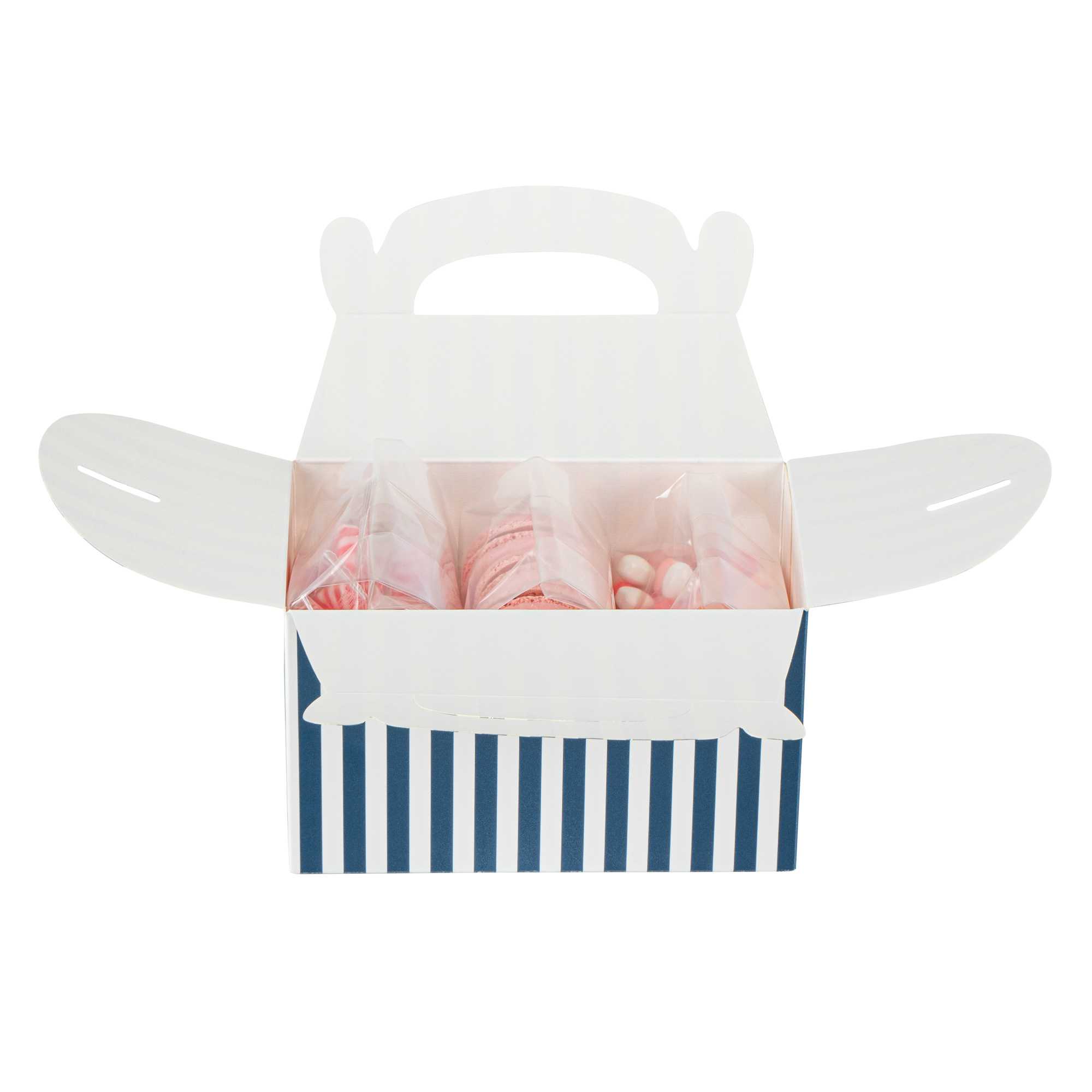 Bio Tek Blue & White Stripe Paper Gable Box / Take Out Container - Compostable - 6" x 3 1/2" x 3 1/2" - 25 count box