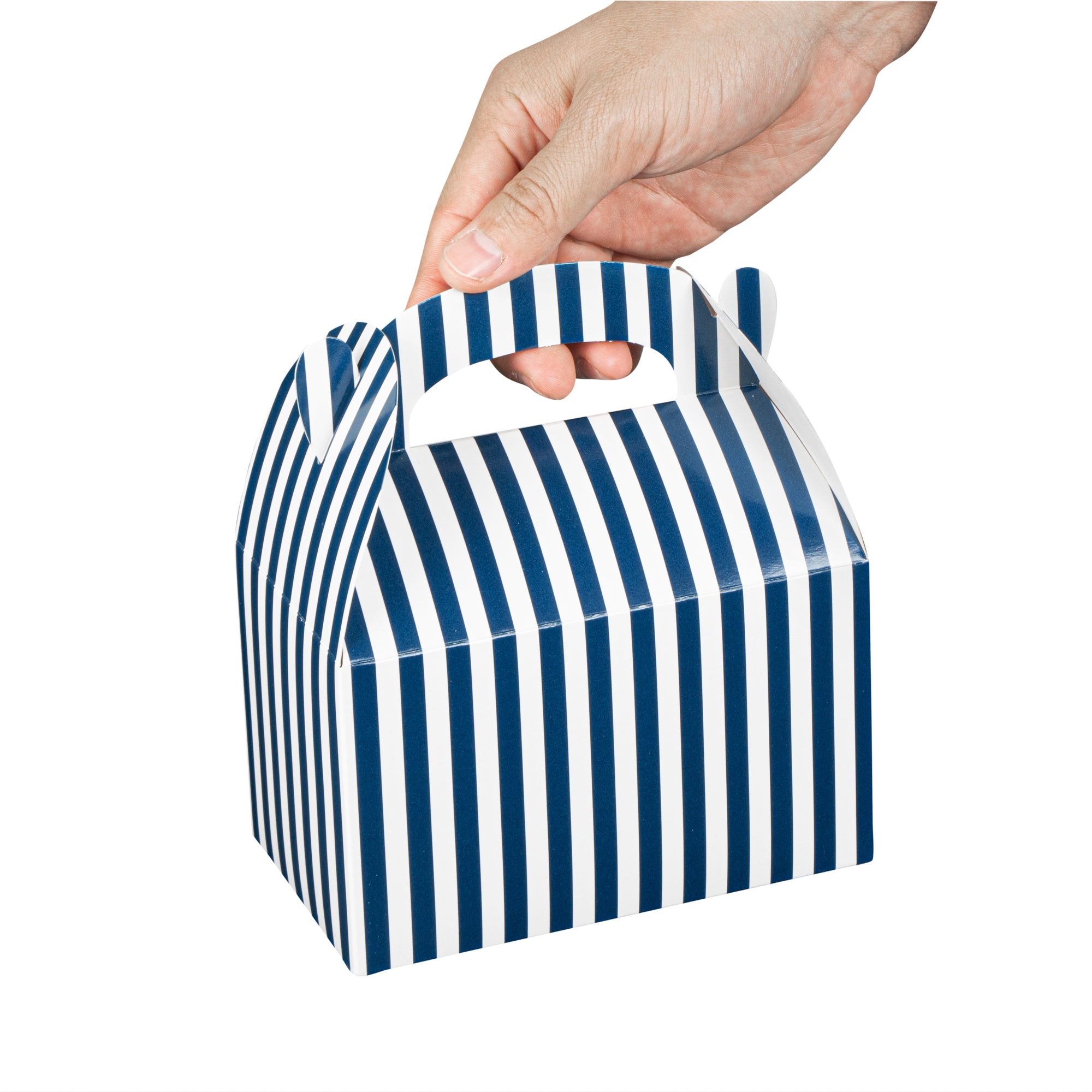 Bio Tek Blue & White Stripe Paper Gable Box / Take Out Container - Compostable - 6" x 3 1/2" x 3 1/2" - 100 count box
