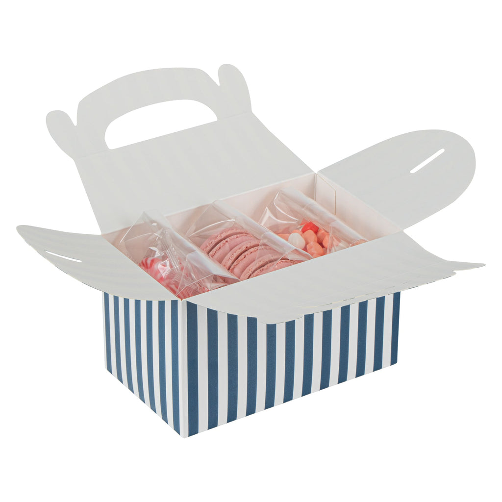 Bio Tek Blue & White Stripe Paper Gable Box / Take Out Container - Compostable - 6" x 3 1/2" x 3 1/2" - 100 count box