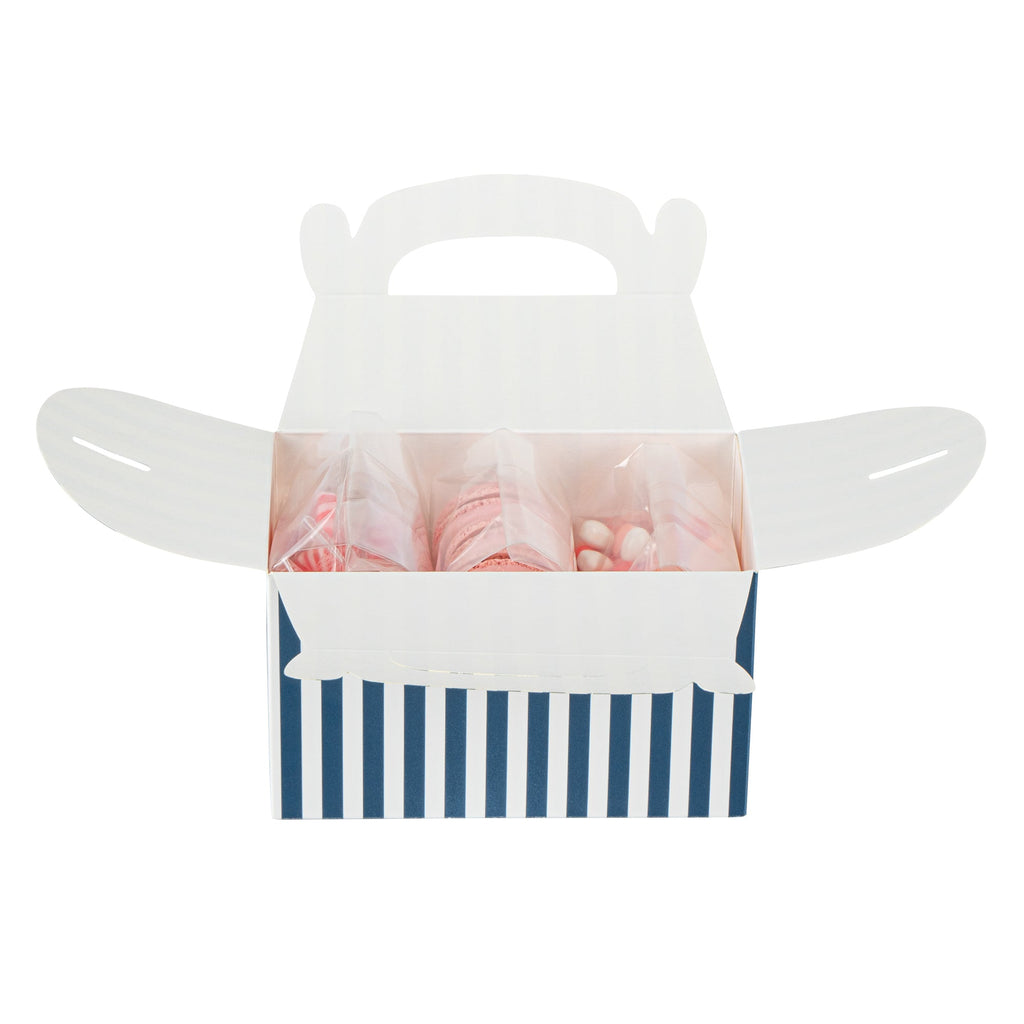 Bio Tek Blue & White Stripe Paper Gable Box / Take Out Container - Compostable - 6" x 3 1/2" x 3 1/2" - 100 count box
