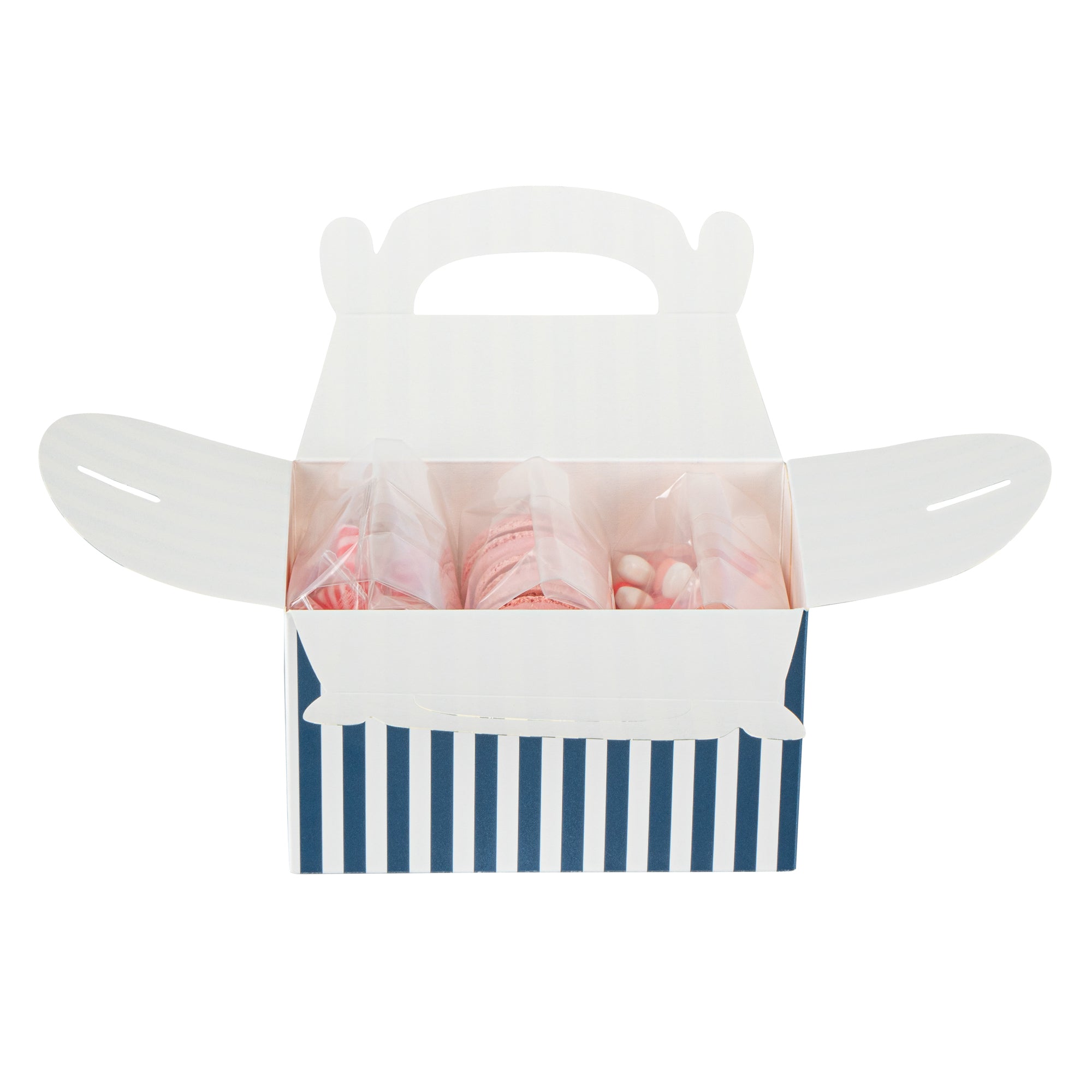 Bio Tek Blue & White Stripe Paper Gable Box / Take Out Container - Compostable - 6" x 3 1/2" x 3 1/2" - 100 count box