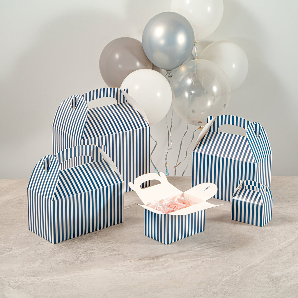 Bio Tek Blue & White Stripe Paper Gable Box / Take Out Container - Compostable - 6" x 3 1/2" x 3 1/2" - 100 count box