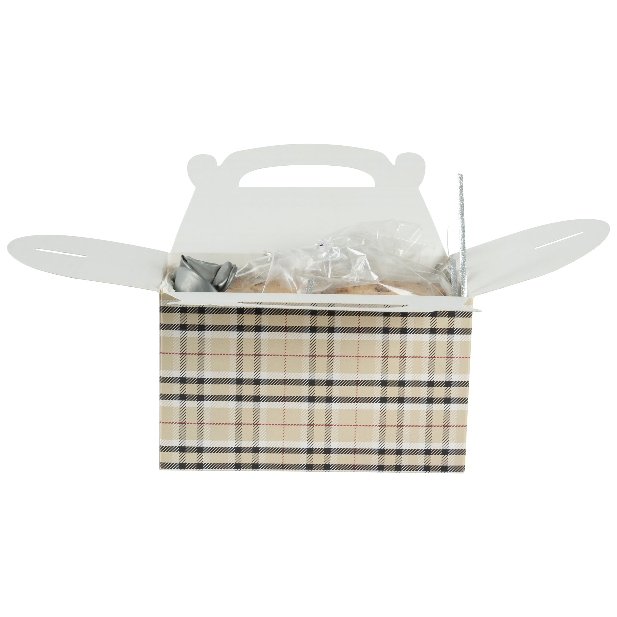 Bio Tek Plaid Paper Gable Box / Take Out Container - Compostable - 6" x 3 1/2" x 3 1/2" - 25 count box