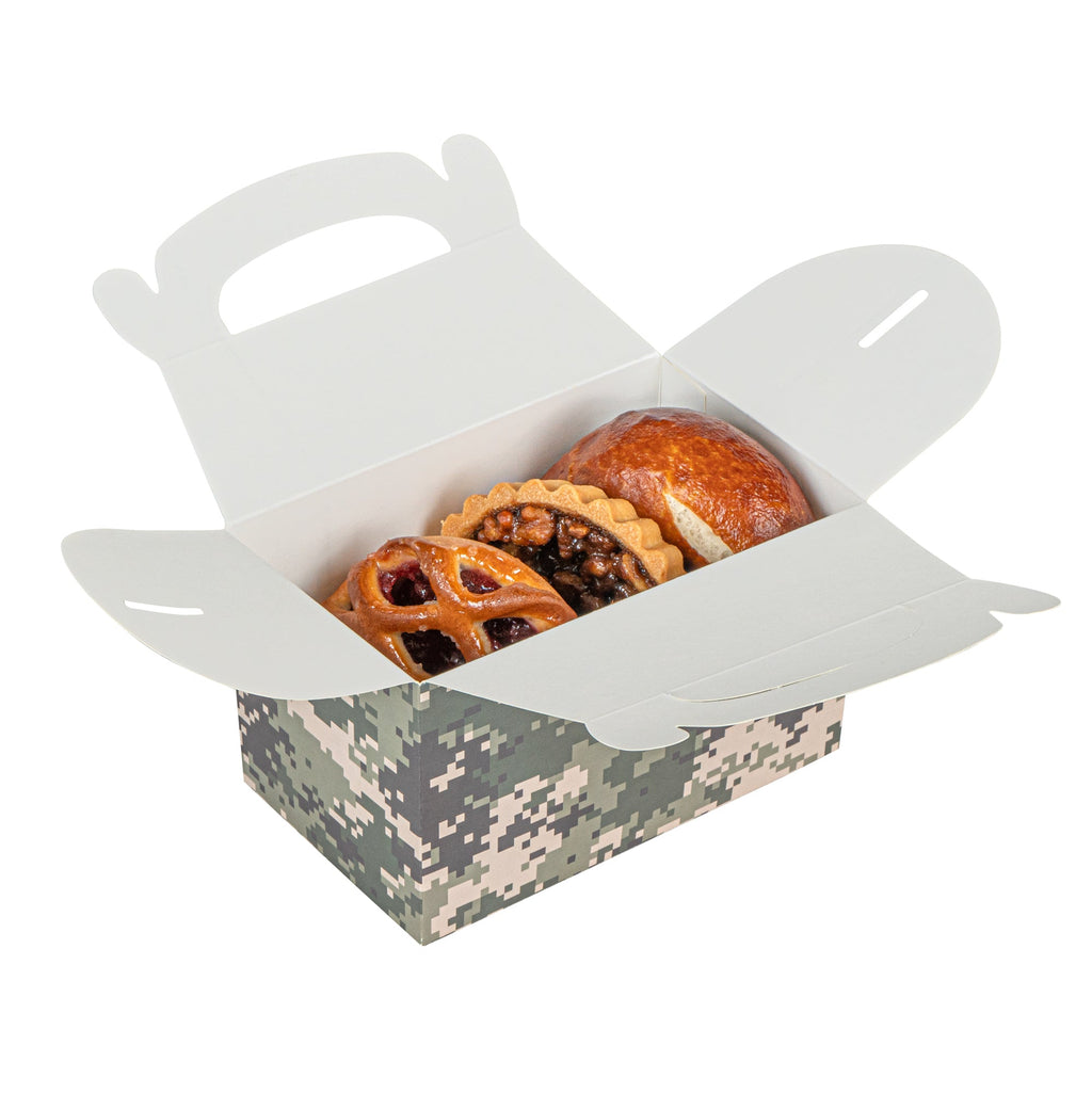 Bio Tek Camouflage Paper Gable Box / Take Out Container - Compostable - 6" x 3 1/2" x 3 1/2" - 100 count box