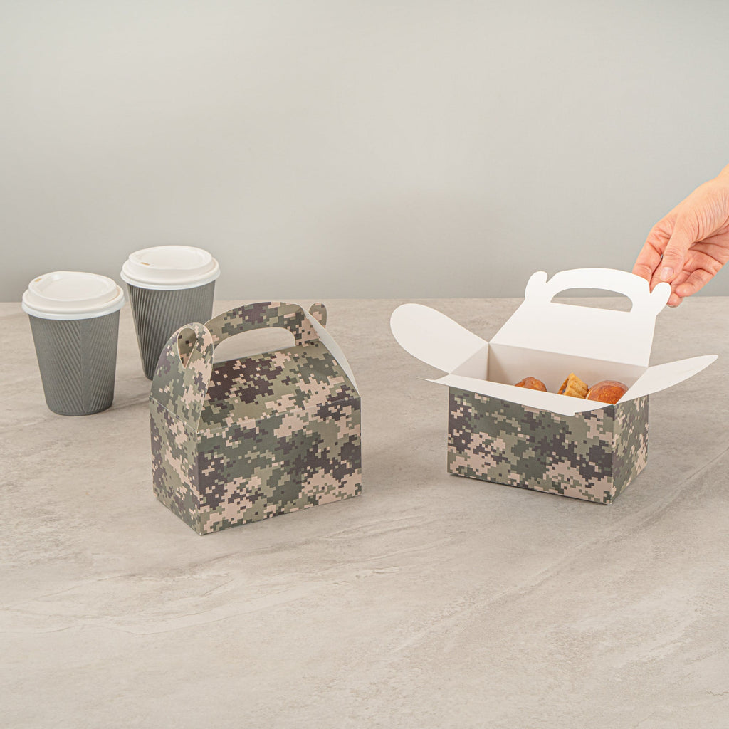 Bio Tek Camouflage Paper Gable Box / Take Out Container - Compostable - 6" x 3 1/2" x 3 1/2" - 100 count box
