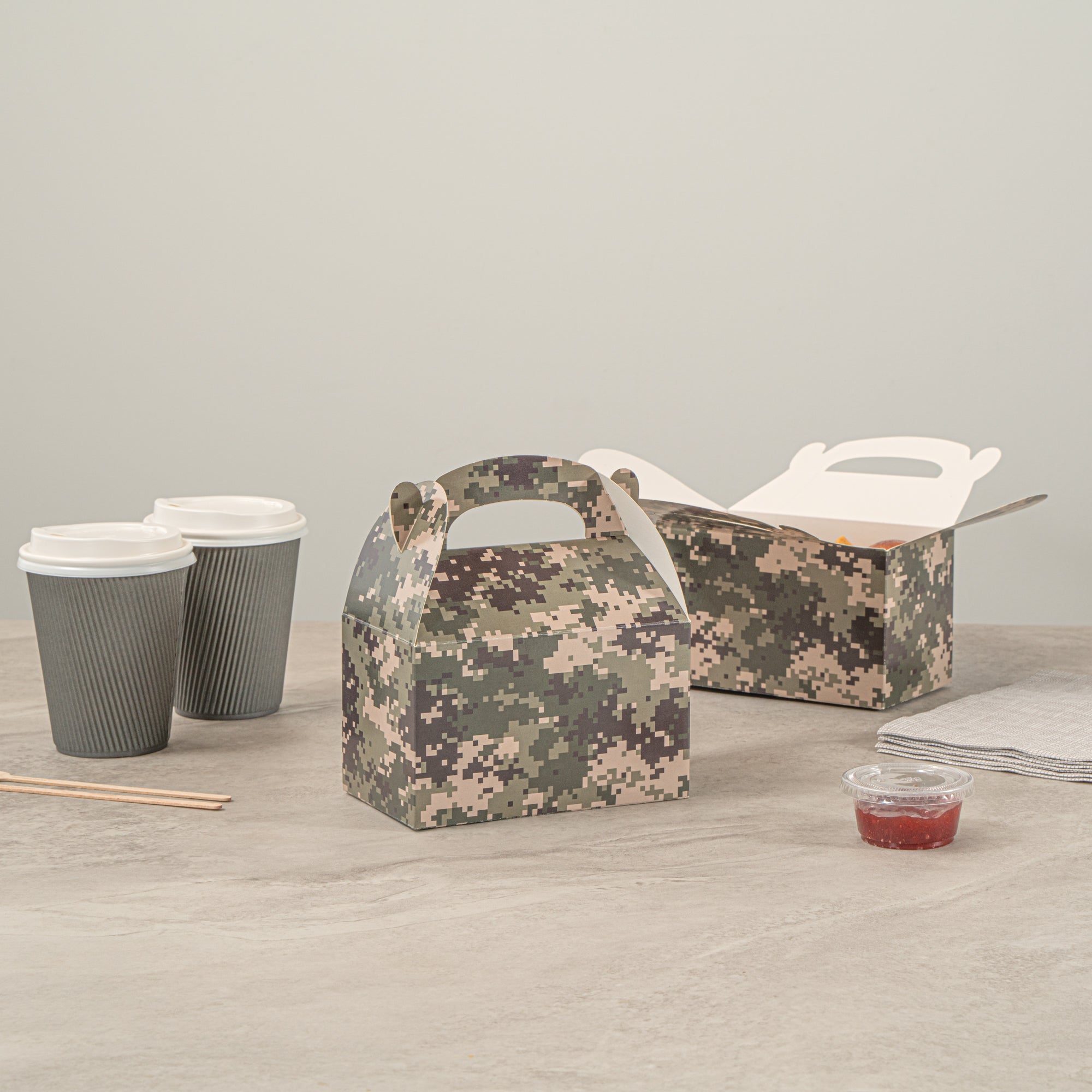 Bio Tek Camouflage Paper Gable Box / Take Out Container - Compostable - 6" x 3 1/2" x 3 1/2" - 100 count box