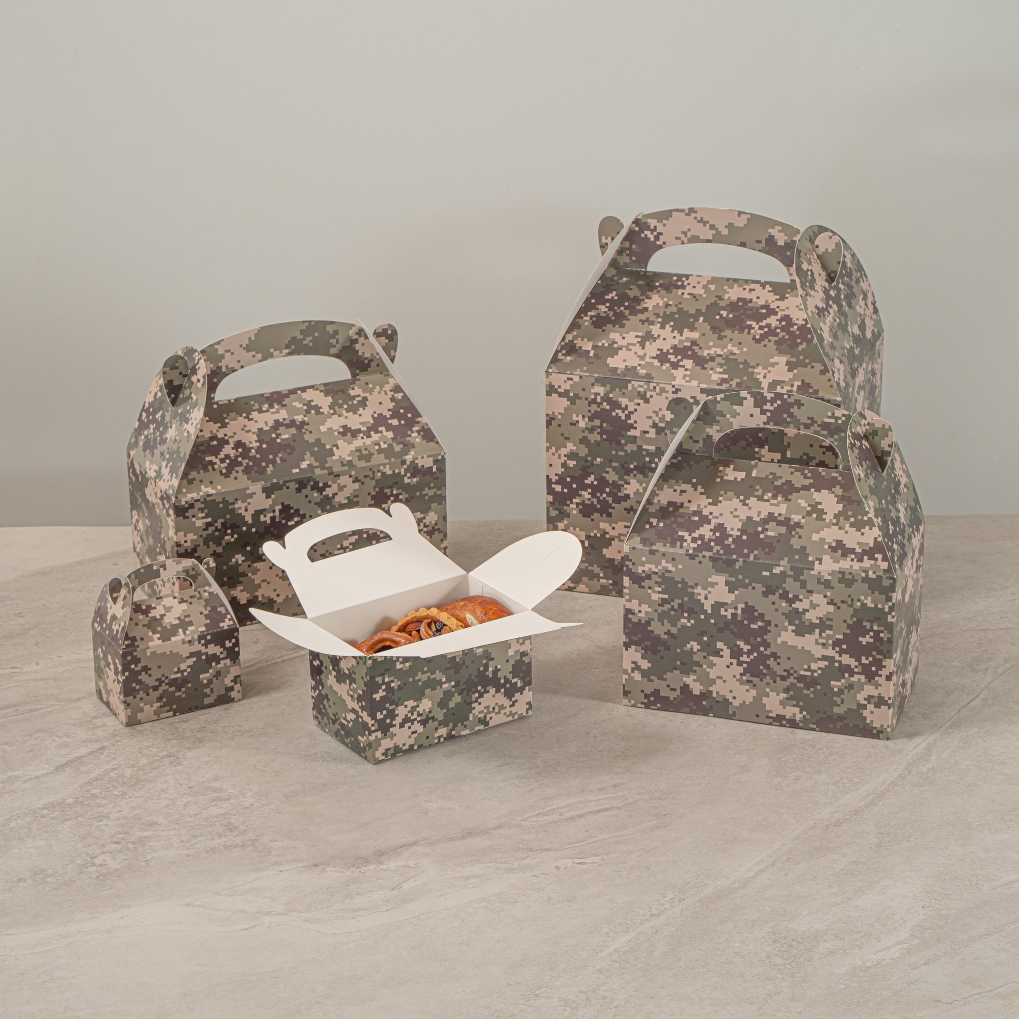 Bio Tek Camouflage Paper Gable Box / Take Out Container - Compostable - 6" x 3 1/2" x 3 1/2" - 100 count box