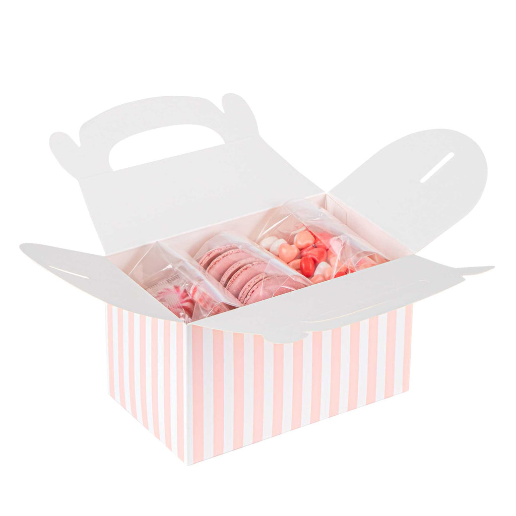 Bio Tek Pink & White Stripe Paper Gable Box / Take Out Container - Compostable - 6" x 3 1/2" x 3 1/2" - 25 count box