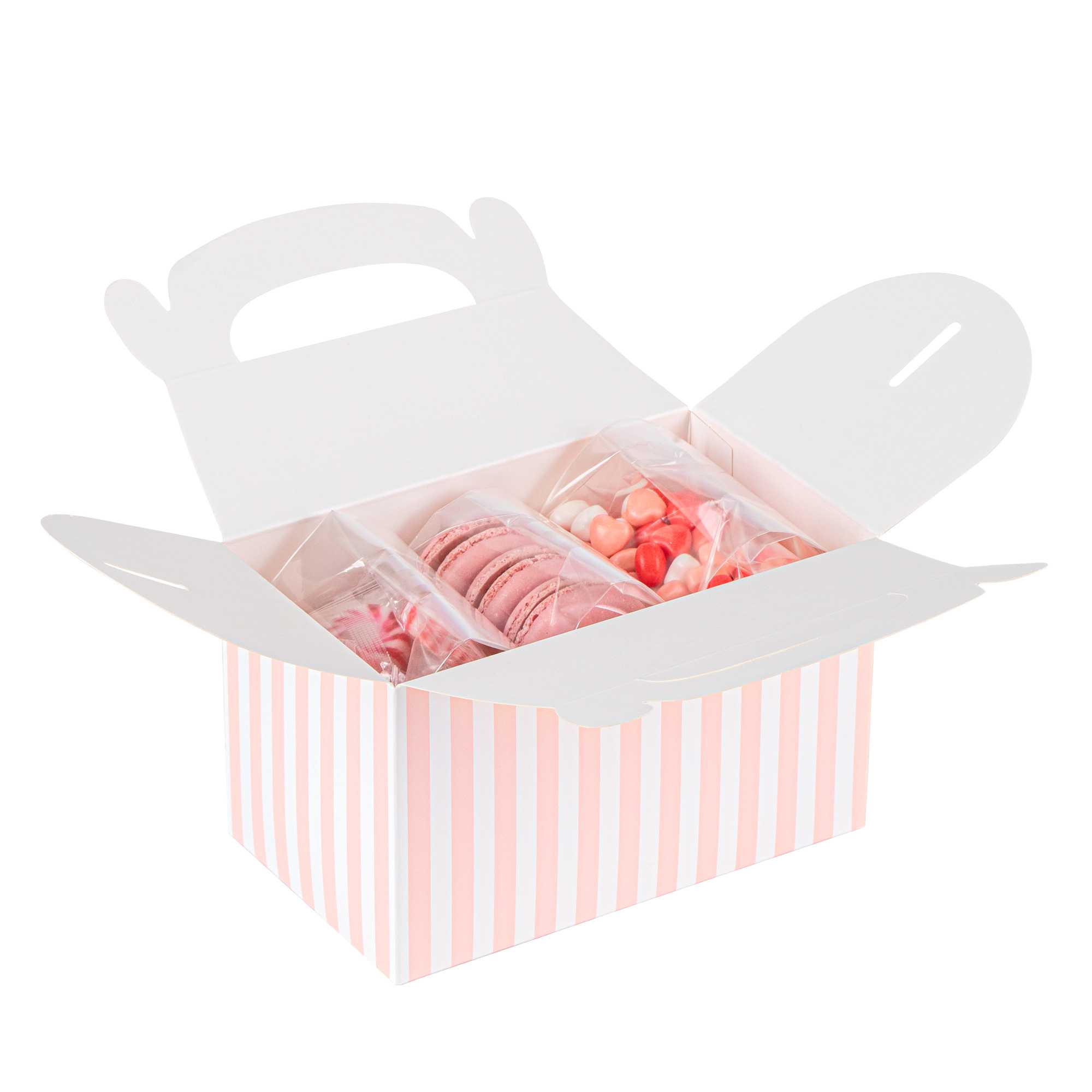 Bio Tek Pink & White Stripe Paper Gable Box / Take Out Container - Compostable - 6" x 3 1/2" x 3 1/2" - 25 count box