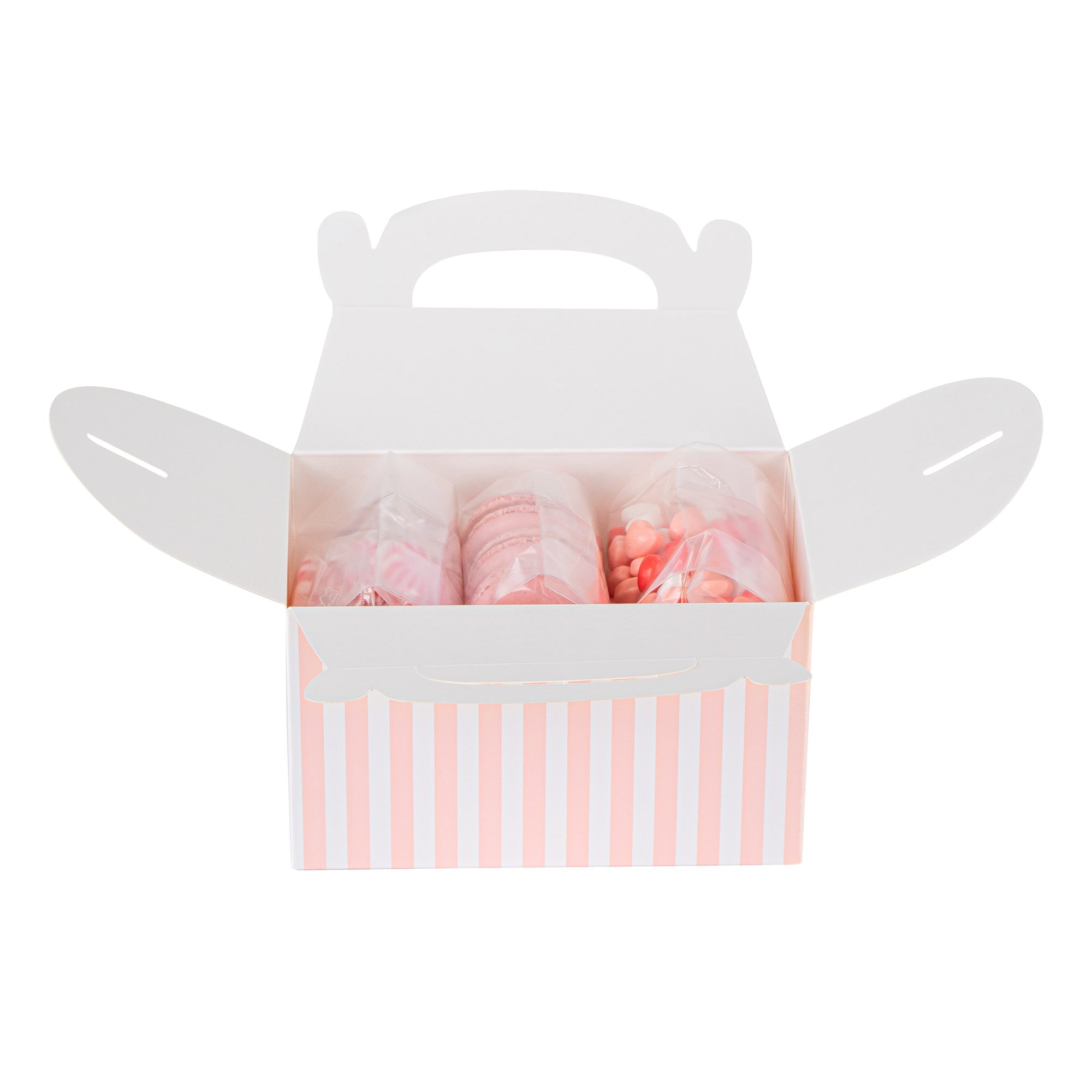 Bio Tek Pink & White Stripe Paper Gable Box / Take Out Container - Compostable - 6" x 3 1/2" x 3 1/2" - 100 count box