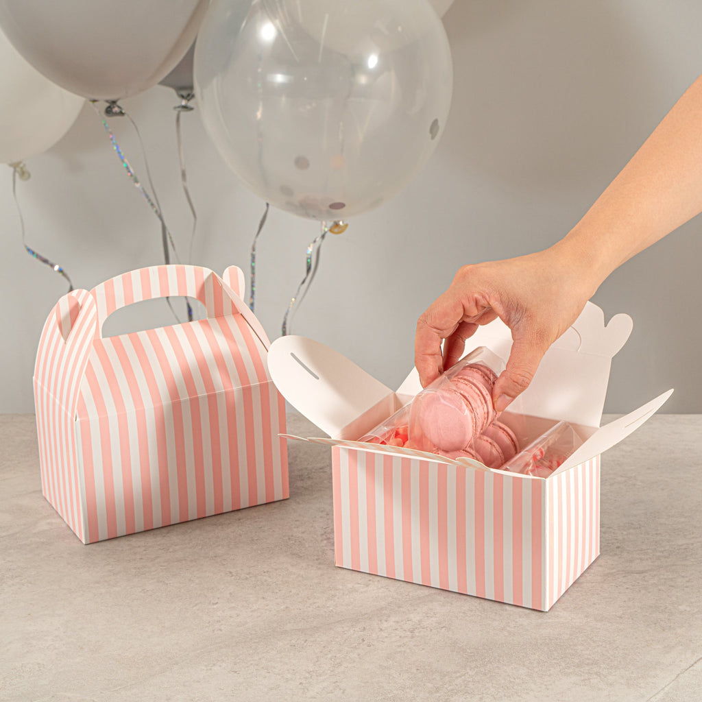 Bio Tek Pink & White Stripe Paper Gable Box / Take Out Container - Compostable - 6" x 3 1/2" x 3 1/2" - 100 count box