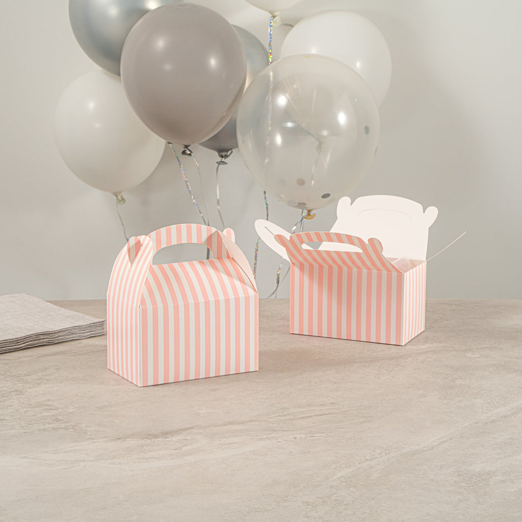 Bio Tek Pink & White Stripe Paper Gable Box / Take Out Container - Compostable - 6" x 3 1/2" x 3 1/2" - 100 count box
