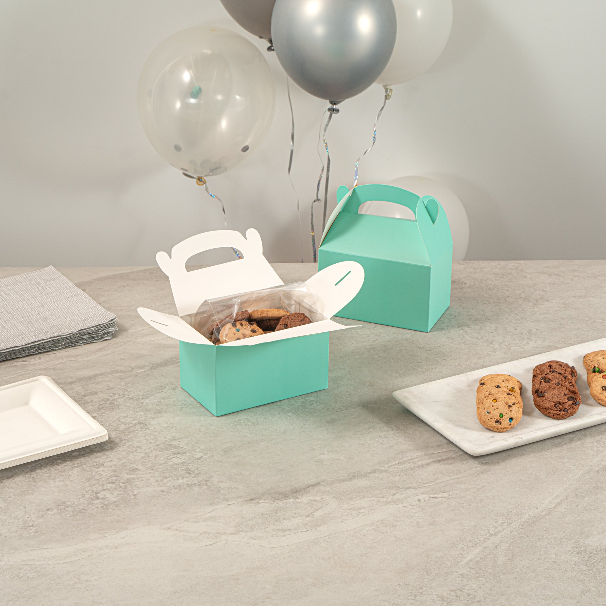 Bio Tek Turquoise Paper Gable Box / Take Out Container - Compostable - 6" x 3 1/2" x 3 1/2" - 100 count box