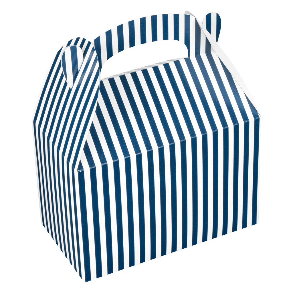 Bio Tek Blue & White Stripe Paper Gable Box / Take Out Container - Compostable - 8 1/2" x 4 3/4" x 5 1/2" - 25 count box