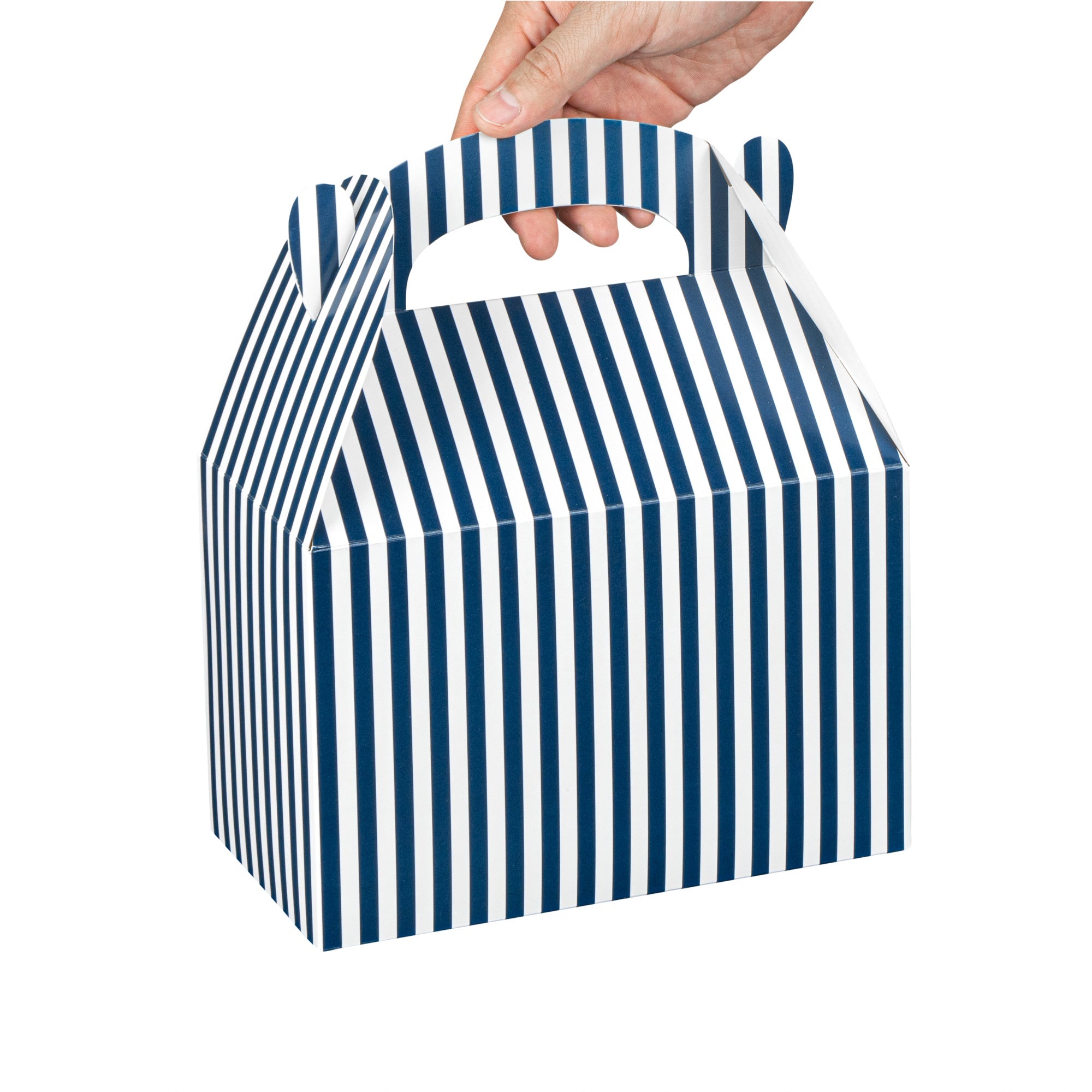 Bio Tek Blue & White Stripe Paper Gable Box / Take Out Container - Compostable - 8 1/2" x 4 3/4" x 5 1/2" - 25 count box