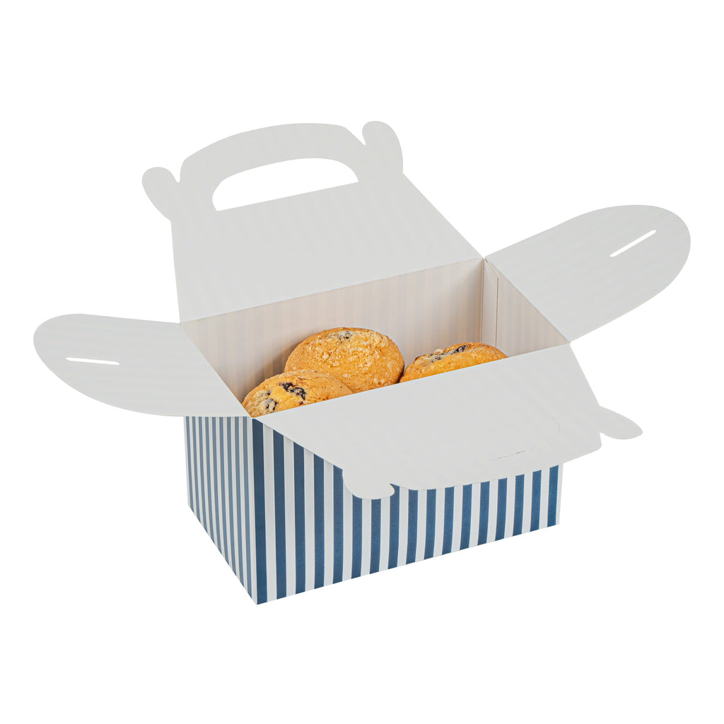 Bio Tek Blue & White Stripe Paper Gable Box / Take Out Container - Compostable - 8 1/2" x 4 3/4" x 5 1/2" - 25 count box