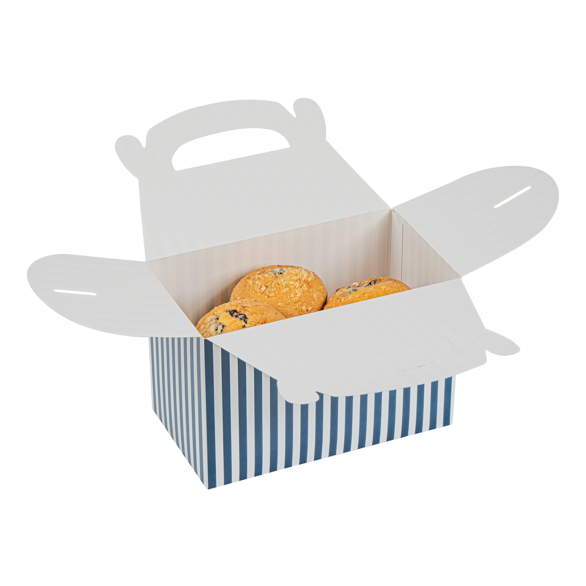 Bio Tek Blue & White Stripe Paper Gable Box / Take Out Container - Compostable - 8 1/2" x 4 3/4" x 5 1/2" - 25 count box