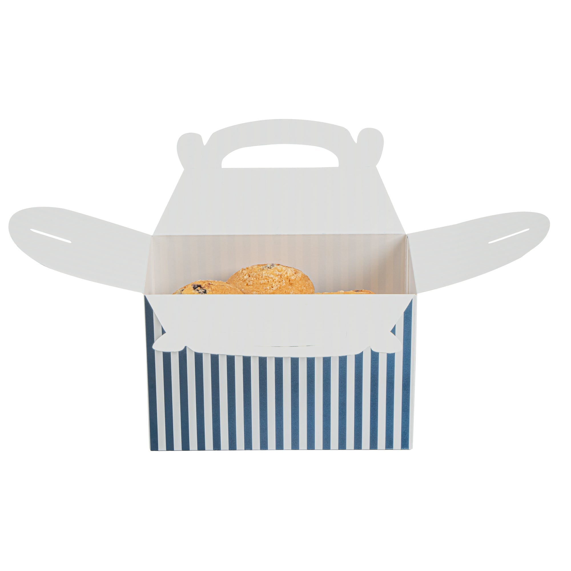 Bio Tek Blue & White Stripe Paper Gable Box / Take Out Container - Compostable - 8 1/2" x 4 3/4" x 5 1/2" - 25 count box