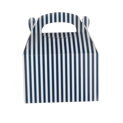 Bio Tek Blue & White Stripe Paper Gable Box / Take Out Container - Compostable - 8 1/2" x 4 3/4" x 5 1/2" - 25 count box