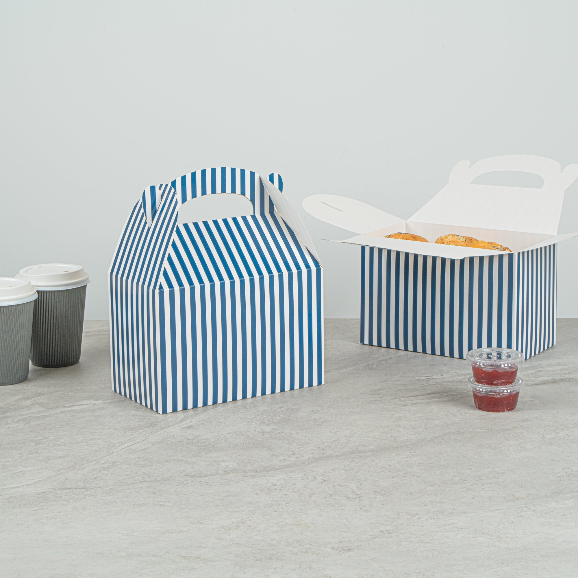 Bio Tek Blue & White Stripe Paper Gable Box / Take Out Container - Compostable - 8 1/2" x 4 3/4" x 5 1/2" - 25 count box