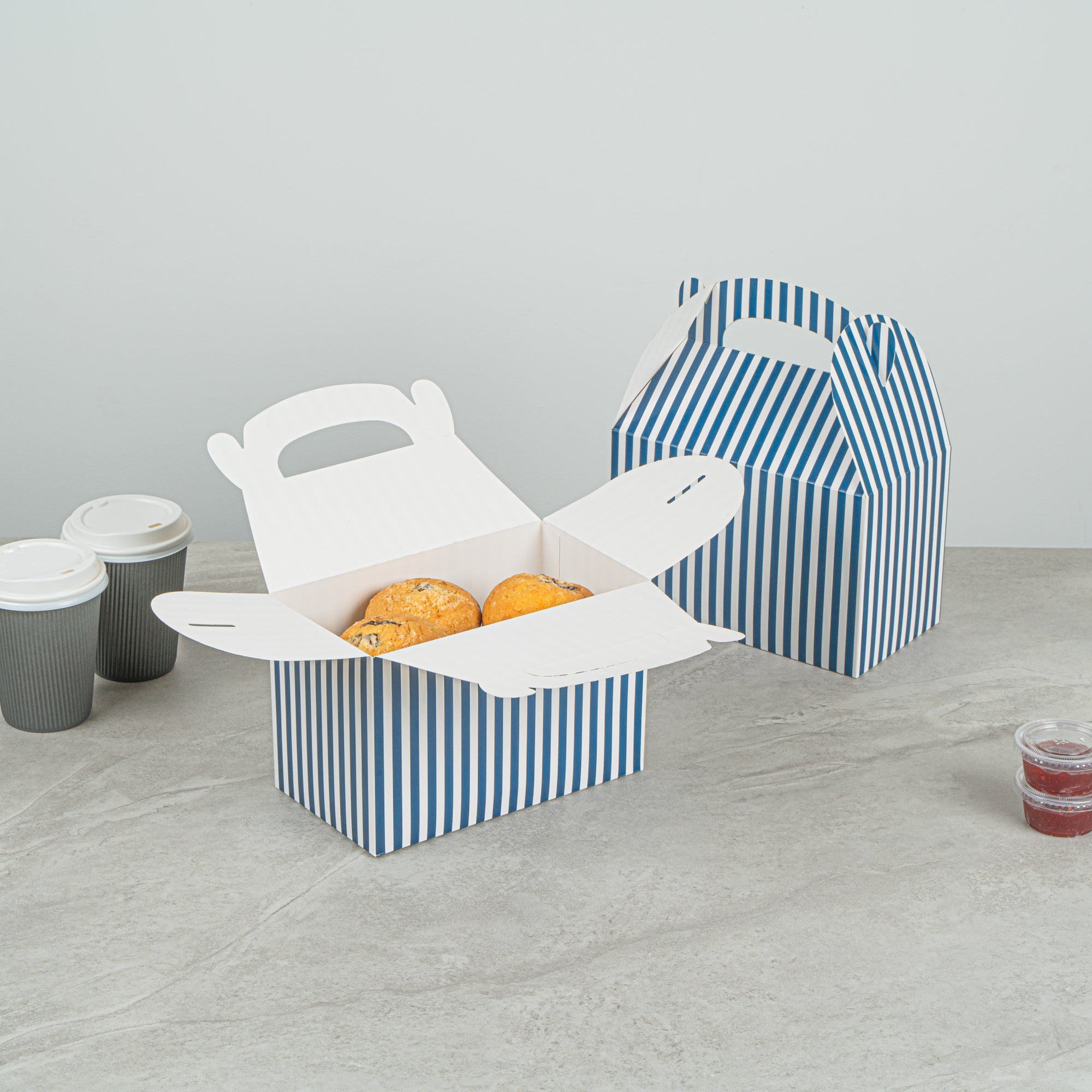 Bio Tek Blue & White Stripe Paper Gable Box / Take Out Container - Compostable - 8 1/2" x 4 3/4" x 5 1/2" - 100 count box