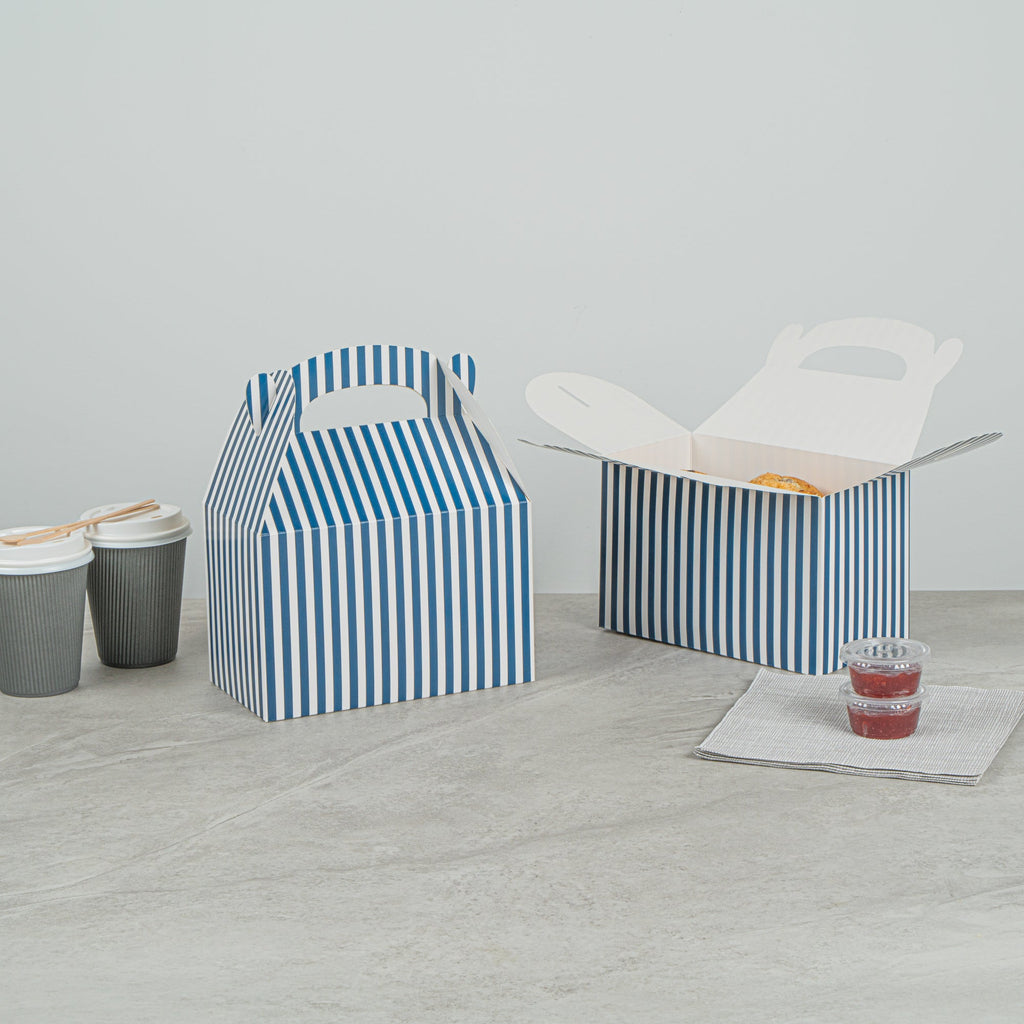 Bio Tek Blue & White Stripe Paper Gable Box / Take Out Container - Compostable - 8 1/2" x 4 3/4" x 5 1/2" - 100 count box