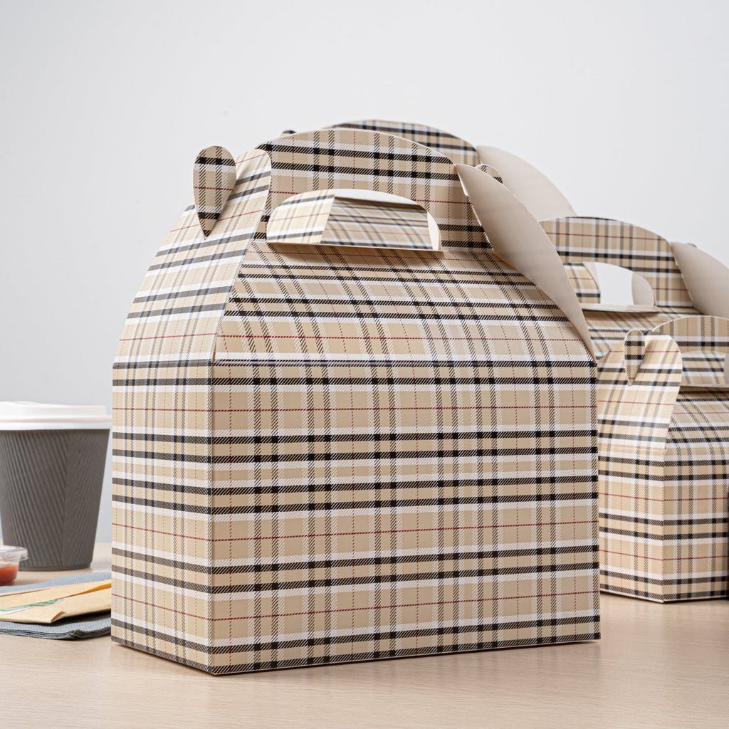 Bio Tek Plaid Paper Gable Box / Take Out Container - Compostable - 8 1/2" x 4 3/4" x 5 1/2" - 100 count box