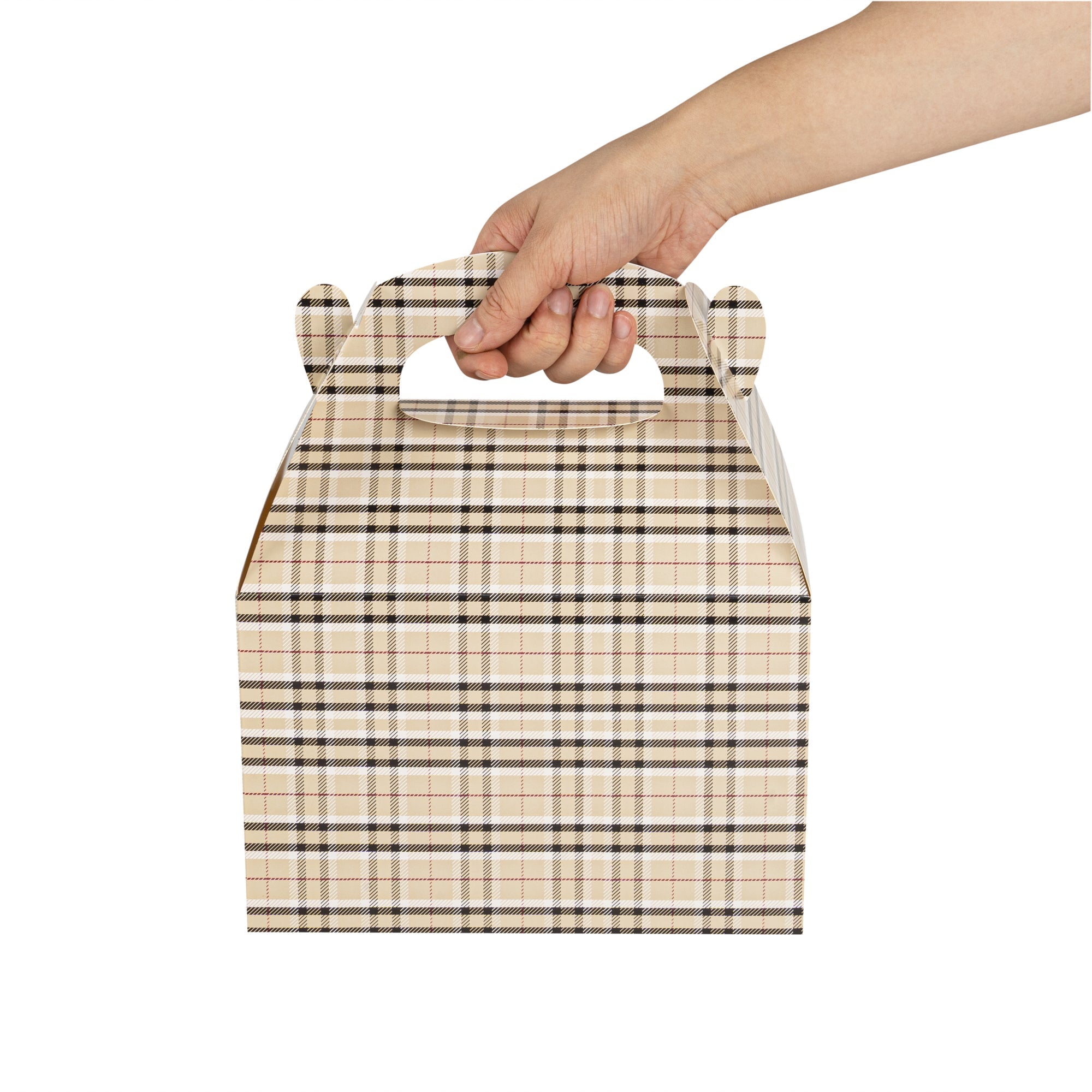 Bio Tek Plaid Paper Gable Box / Take Out Container - Compostable - 8 1/2" x 4 3/4" x 5 1/2" - 100 count box