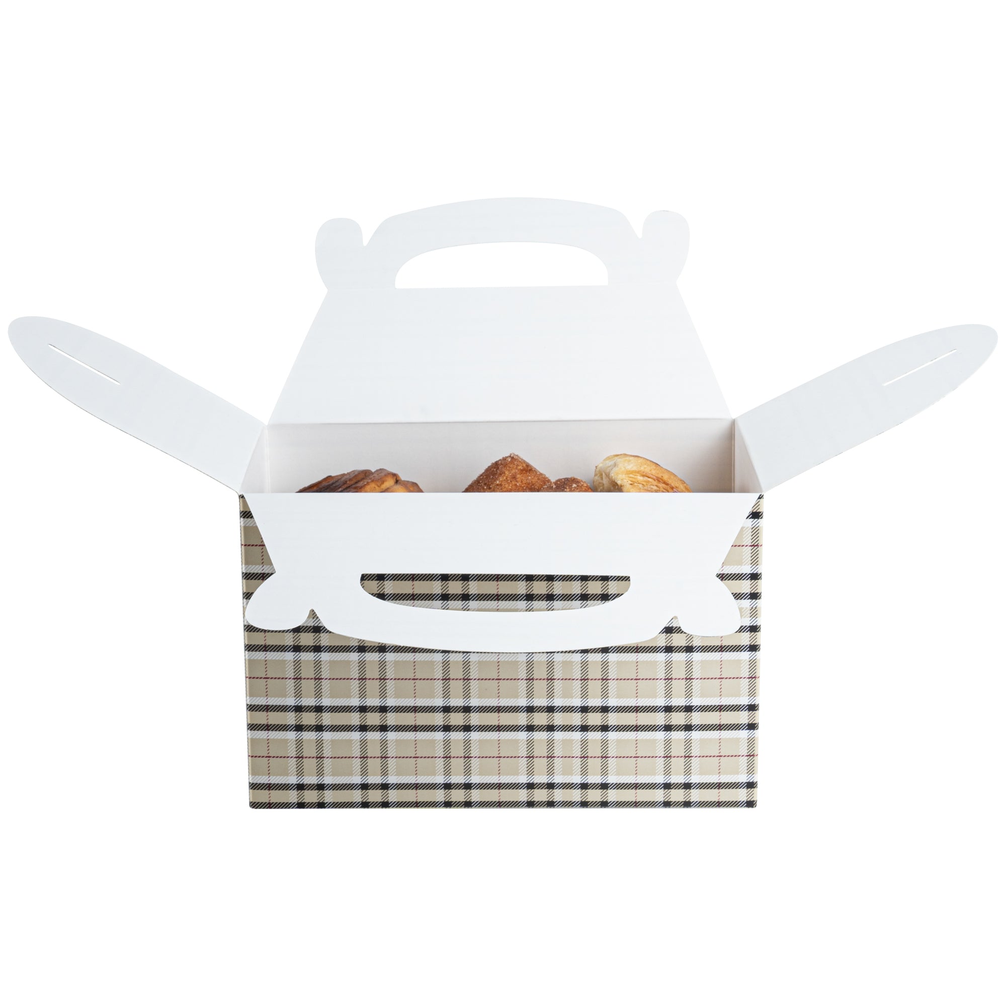 Bio Tek Plaid Paper Gable Box / Take Out Container - Compostable - 8 1/2" x 4 3/4" x 5 1/2" - 100 count box