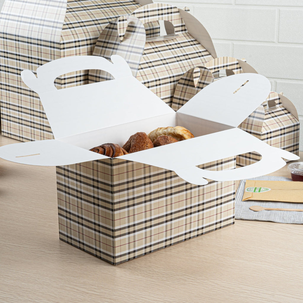 Bio Tek Plaid Paper Gable Box / Take Out Container - Compostable - 8 1/2" x 4 3/4" x 5 1/2" - 100 count box